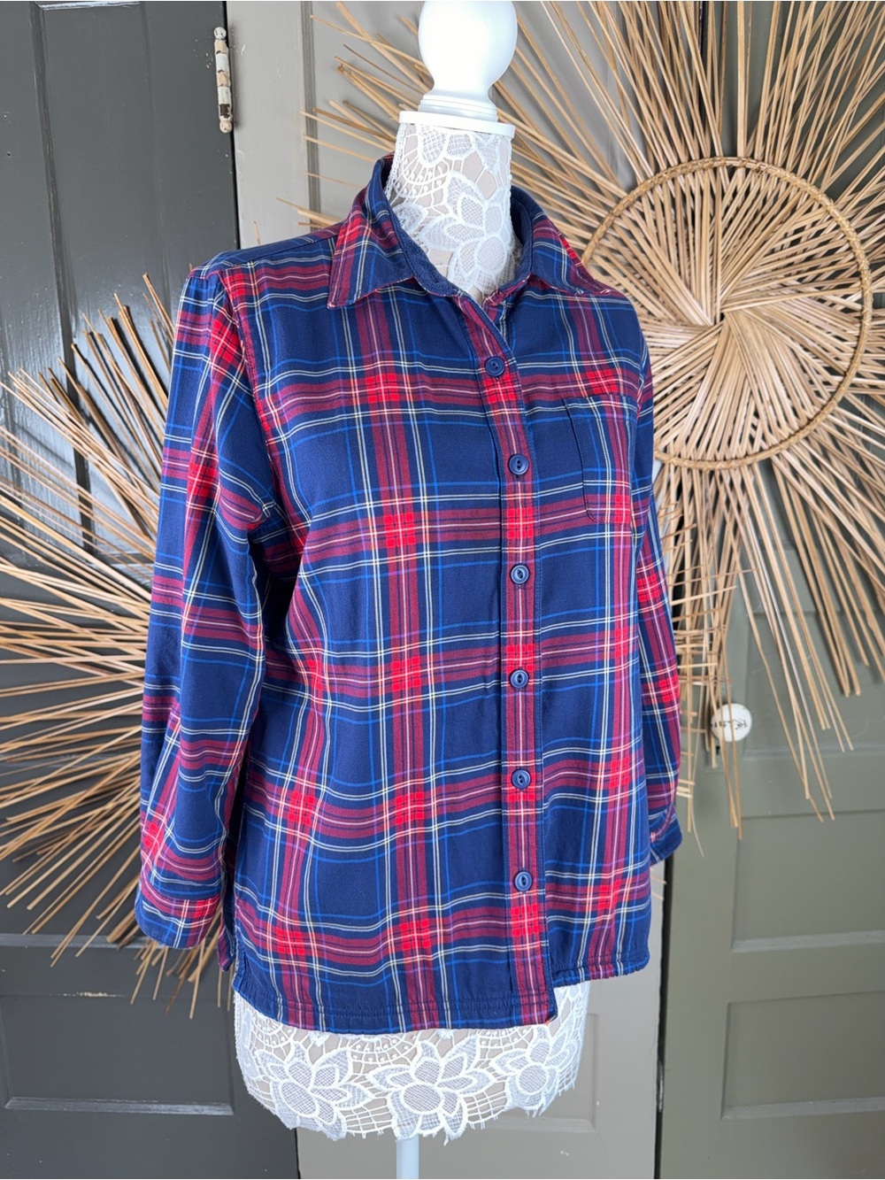 LL Bean Navy Blue Plaid Fleece Lined Flannel Shirt Jacket Shacket Pocket Size MP